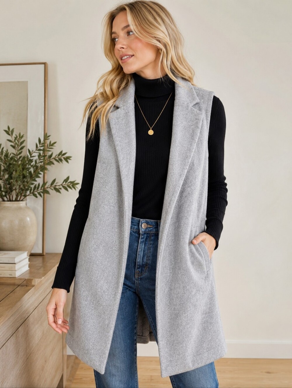 Love Tree Gray Longline Vest Sleeveless Jacket Open Front Medium